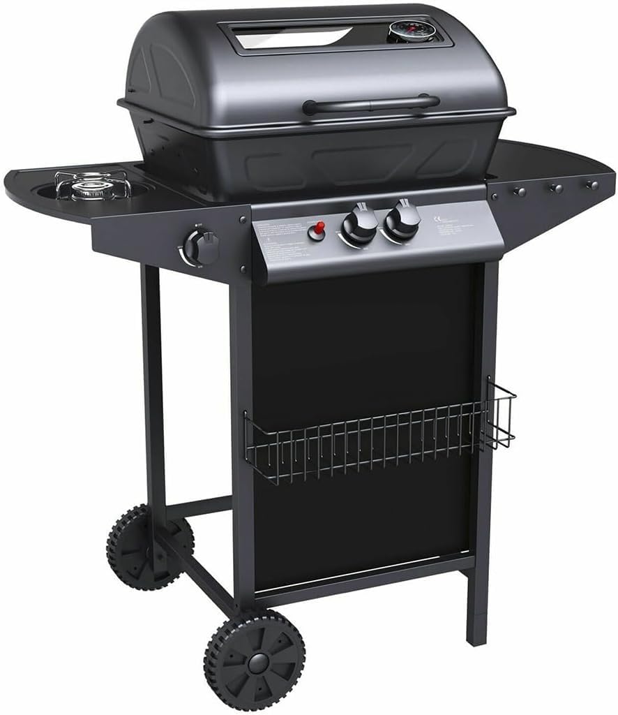 Bakaji - Barbacoa de gas y piedra volcánica con 2 fuegos, parrilla de acero inoxidable con superficie de apoyo y hornillo lateral, 2 ruedas y tapa Grill BBQ para exterior, jardín, terraza