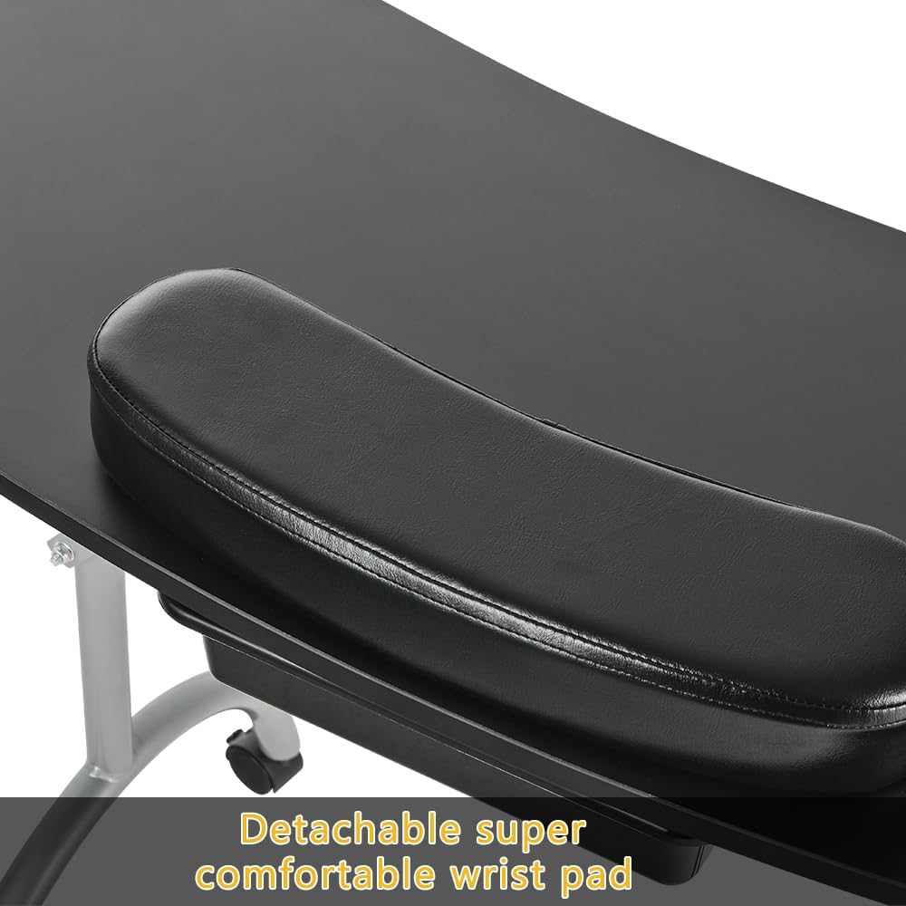 Black Foldable Manicure Table with Drawer and Wheels