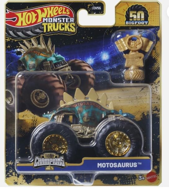 Hot Wheels Monster Trucks Motosaurus, Trophy Champions 50th Bigfoot Series, 1:64 Scale Die-Cast, Gold and Blue