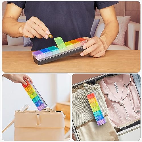 Image of Fullicon Weekly Pill Organizer 7 Day Quick Fill & Spill Proof Designed Large Pill Box with Free Labels Travel Medicine Organizer for Medicine, Vitamin, Fish Oil, Supplement (Rainbow Black Patet)