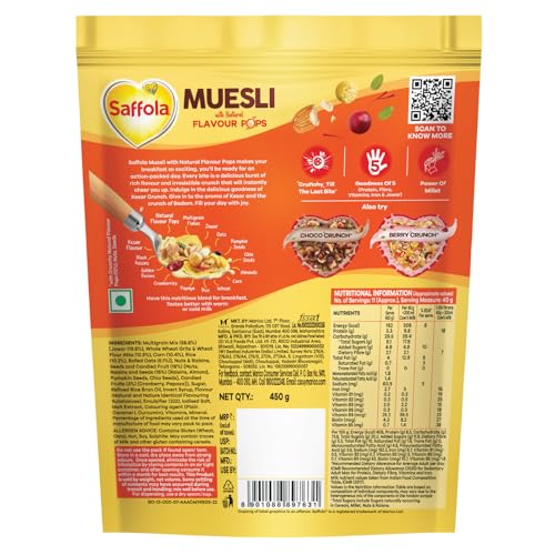 Image of Saffola Muesli Kesar Crunch with Flavour Pops, 450 gm | 15 in 1 Fruit and Nuts, Seeds, Millet & more | Cereals for breakfast with wholegrain, protein, fibre