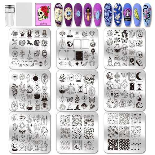 PH PandaHall 9 Stück Magische Elemente Nagel-Stempelplatten Tarot Karten Nagelkunst Designs Mondstern Maniküre Kunst Schablonen Kristallkugel Nägel Design Schablone für Frauen Maniküre Salon Druck
