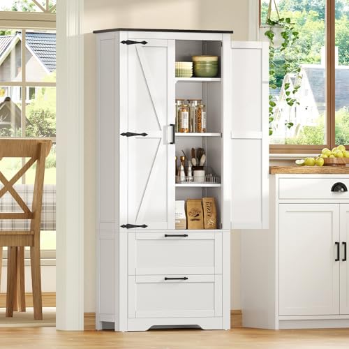 Image of TEENFON 66.1 inch H Storage Cabinet with 2 Drawers, Farmhouse Kitchen Pantry Cabinet with 2 Doors & Adjustable Shelf, Bathroom Cabinet, for Living Room, Kitchen, Bathroom, White