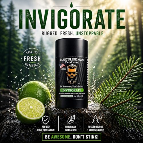Image of Deodorant for Men - Aluminum Free Men's Natural Deodorant - Long-Lasting Fresh Rugged Woods & Citrus Scent, Stain-Free, Made in USA, 3.2oz - Invigorate