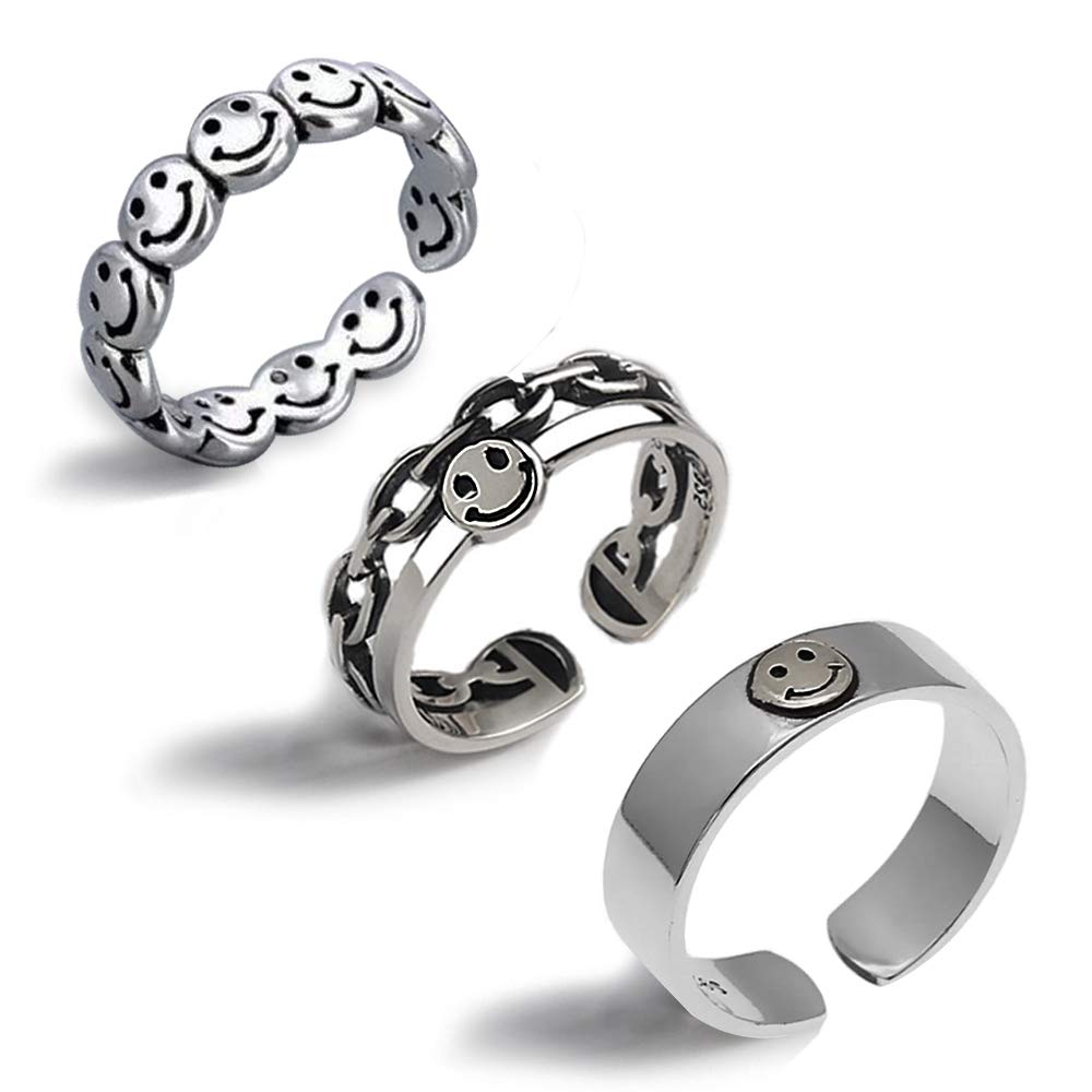 3PCS Silver Smiley Face Ring Vintage Rings for Women Men Adjustable Rings Indie Jewelry