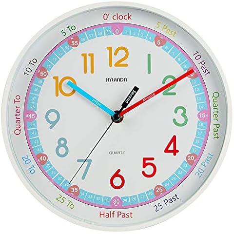 Wall Clock for Kids, Time Teacher to Learn the time, Battery Operated Silent Non Ticking, Plastic Frame Rainbow Large Number Easy to Read, Round for School Classroom Living Room 25cm Diameter-White Cover