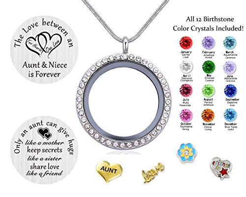 Best Gifts for Niece Aunt, Floating Living Memory Locket Necklace Pendant with Charm & Birthstone for Women2