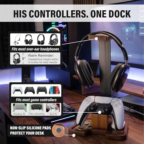 Gaming Equipment Headset Stand with Game Controller Holder & Storage Base, Stylish Gamer Gifts for Men Teenage Boy Headphone Stand, Unique Gifts for Gamers to Organize Gaming Accessories (Brown Wood) - Image 5
