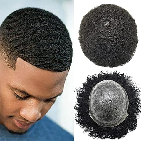 F M FACE MIRACLE NEW YORK Afro Toupee for Black Men All Poly PU Injected Mens Toupee Human Hair Replacement System 6MM African American Men Hairpiece Kinky Curly Hair Units 6MM Wave #1 Jet Black Cover