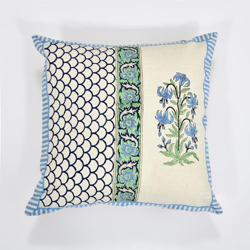 Image of BLOCKS OF INDIA Hand Block Printed Cotton Linen Cushion Cover (16 x 16 inches) (DYE Blue Green Half)