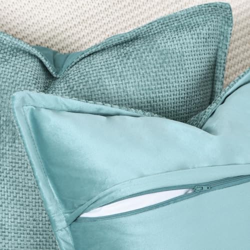 Image of MADIZZ Decorative Chenille Velvet Throw Pillow Covers Set of 2 Soft Boho Textured Neutral Couch Throw Pillow for Bed Modern Farmhouse Home Decor for Sofa Livingroom Turquoise 24x24 Inch Euro Sham