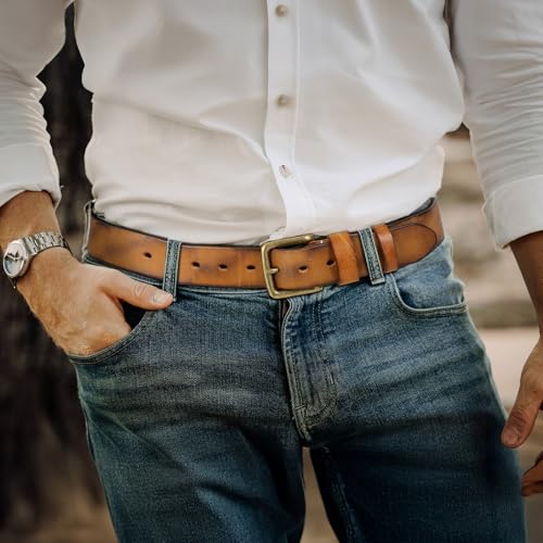 Image of Men's Leather Belt Full Grain Leather Belts for Men Handmade Real Solid Top-Grain Leather Heavy-Duty Work Belt Gifts