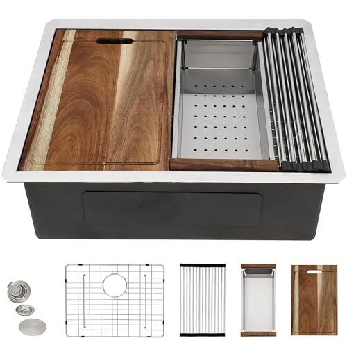 Image of 24 inchx18 inch Undermount Kitchen Sink Workstation - 16 Gauge 304 Stainless Steel, 13 Inch Deep Single Bowl Under Counter Sink Basin for Kitchen, Laundry Room, RV or Utility Use