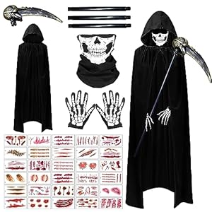 SANLIUSANJIU 34 Pcs Capas de Halloween con Máscara de Calavera, Adultos Disfraz de Muerte, Zombie Vampiro Cicatrices Tatuaje, Capa con Capucha Disfraz Halloween Cosplay Carnaval Disfraz