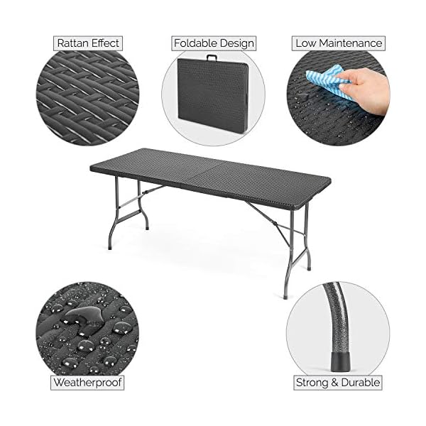 CHRISTOW Rattan Effect Folding Table 6ft Rectangular Black Garden Outdoor Dining - Image 3