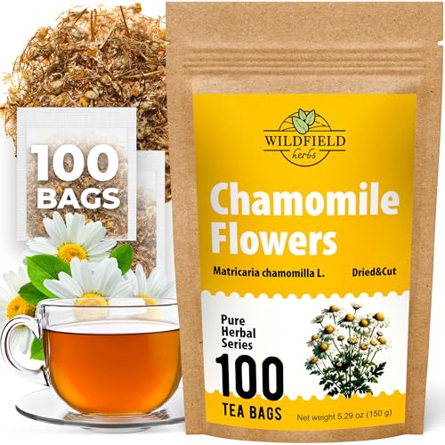 Image of WILDFIELD HERBS 100 Bags Chamomile Tea Bag Camomile Tea Bag Flowers (Chamomilla Chamomilla) - 100 Count 1.5g Chamomile Bags Flores De Manzanilla
