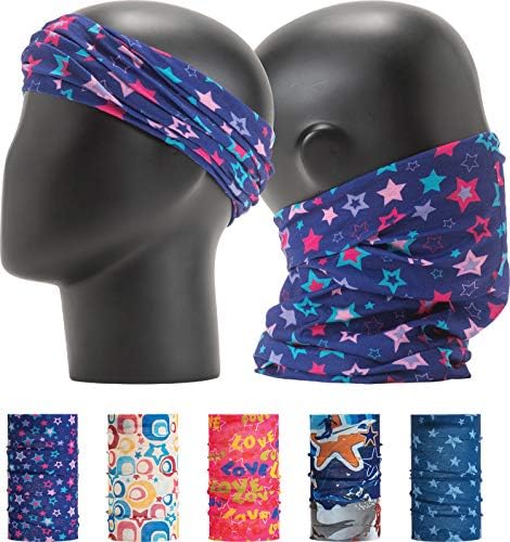 LEEVO Pattern Bold Headwear Scarf Boho Headband Wrap Shield Neck Gaiter Bandana (Free Size (18.5” 9.25”), Cute Stars No.1, 5pcs total)