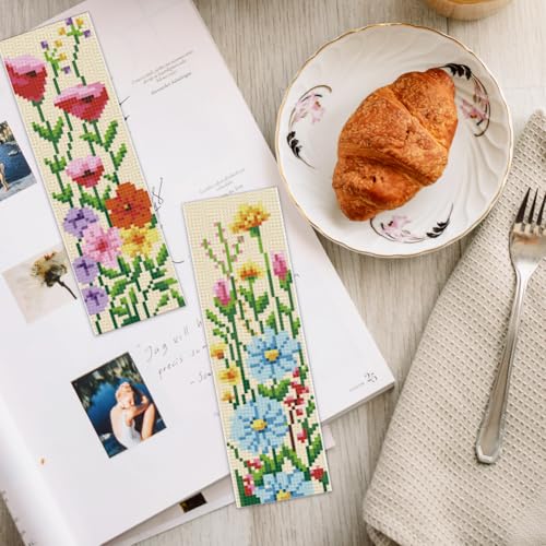 Image of INFUNLY 6PCS DIY Flower Cross Stitch Bookmark Kit for Beginners 8.66 inchx3.15 inch Stamped Embroidery Bookmark Kit Hand Plant Bookmark Cross Stitch Kits with Instruction for Book Lovers Reader Writers