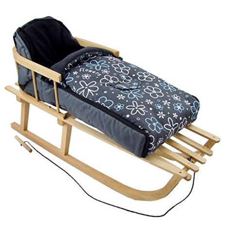 Rawstyle combo pack (108 cm) wooden sledge with back rest and pull cord and universal footmuff, suitable for baby car seat, pushchair, buggy, Flowers Grey Cover