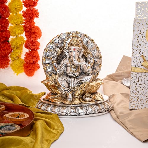 Image of Idolkart 24k Gold and 999 Silver Coated Ganeshji Divine Boxes | Photo with Charan Paduka for Pooja Room (Antique Gold and Silver, 8 Inch)