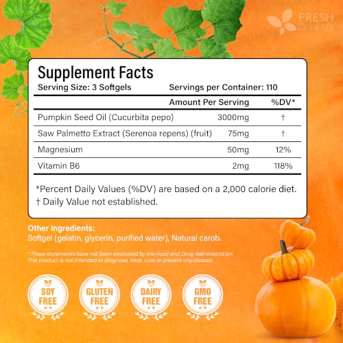 Image of FreshDrinkUS, 330 Premium Pumpkin Seed Oil Softgels, Pure Virgin, with Saw Palmetto, 3000mg Per Serving, Cold Pressed, Great Hair Support, Non-GMO, Gluten-Free