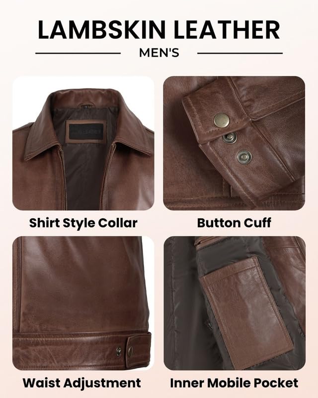 Image of Blingsoul Vintage Distressed Leather Jacket for Men - Shirt Collar Genuine Lambskin Mens Leather Jacket