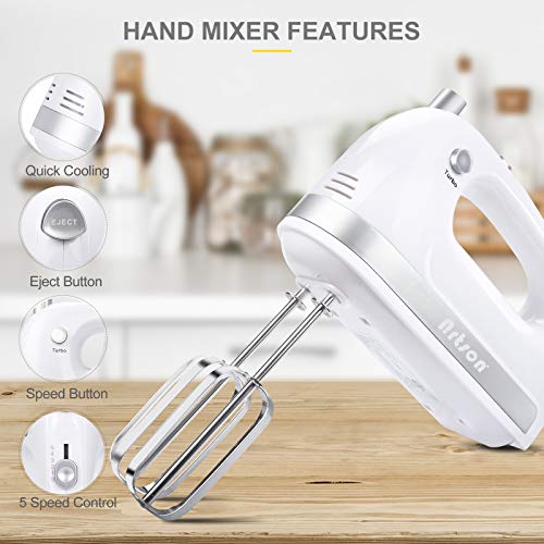 Hand Mixer Electric, Handheld Kitchen Mixers, 5 Speed and Turbo Boost, Food Beater for Easy Baking Whipping Cake Egg Cream, with 5 Stainless Steel Attachments