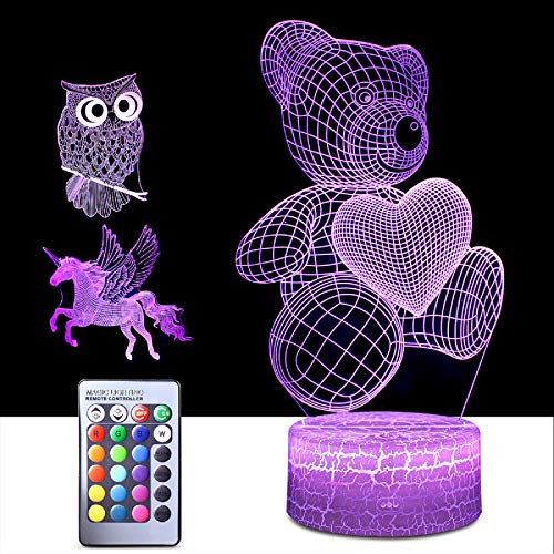 3D Night Light for Kids,3 in 1 Illusion Lamp for Home Decoration,3D Optical Illusion LED Lamps with Remote Control Bedroom Decorations Birthday,Christmas Gift Ideas for Girls Teen– Owl/Bear/Unicorn