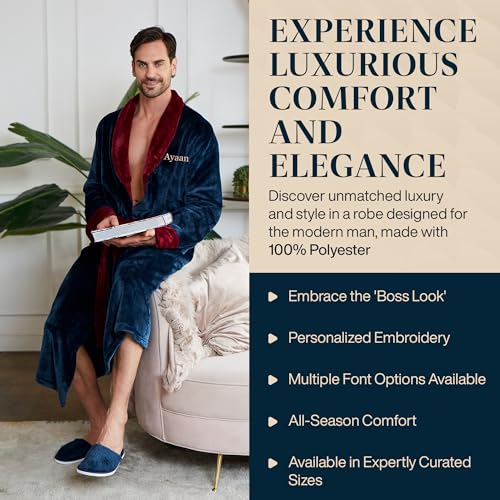 Lotus Linen Men’s Plush Hooded Bathrobe - Full Length Luxury Personalized Spa Robe for Men, Soft, Warm Fleece4