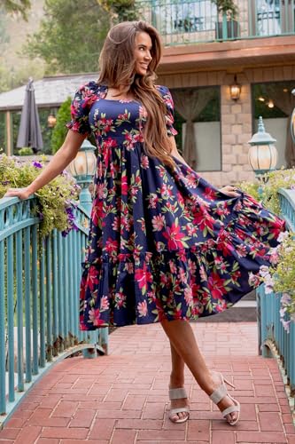 Image of Shasmi Women's Navy Blue Georgette Digital Floral Printed Floral Printing Short Sleeve A-Line Maxi Gown Dress for Women (Gown Dress 248)