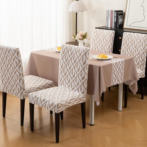 Image of HOMETHREADS Stretchable Elastic Jacquard Chair Seat Cover and Waterproof Dining Table Cover - Removable & Washable, Durable Seat Protector for Dining Room (Beige, 4Chairs+1Table Cover (150X180))