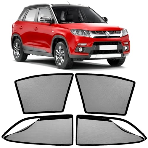 Image of AutoStory Magnetic Car Sunshade for Brezza 2016-2022 | Front Half Cut for Mirror Visibility + Rear Full Coverage with Zipper | Heavy Heat & UV Protection | Privacy Side Window Curtains Shades