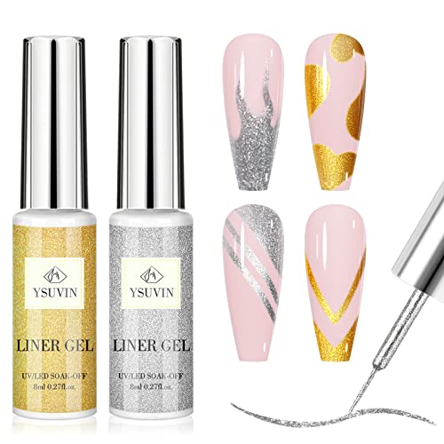 YSUVIN Liner Gel Unghie, 2 Colori Oro Argento Liner Smalto Semipermanente Unghie, Soak Off UV/LED Gel Unghie Kit per Donne Casa Fai Da Te Salone Manicure, 8ML