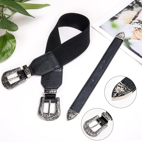 Image of Dubulle Womens Belt Chain Leather Belts Vintage Western Adjustable Elastic Double Buckle for Cowboy Pant Dress
