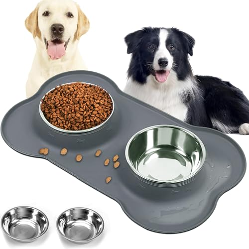 CEASELESLY Ciotola per Cani,Doppia Ciotole in Acciaio Inossidabile,Ciotola Cane con Tappetino in Silicone,Facile da Pulire,Bowl Doppia per Cani e Gatti di Piccola e Media Taglia