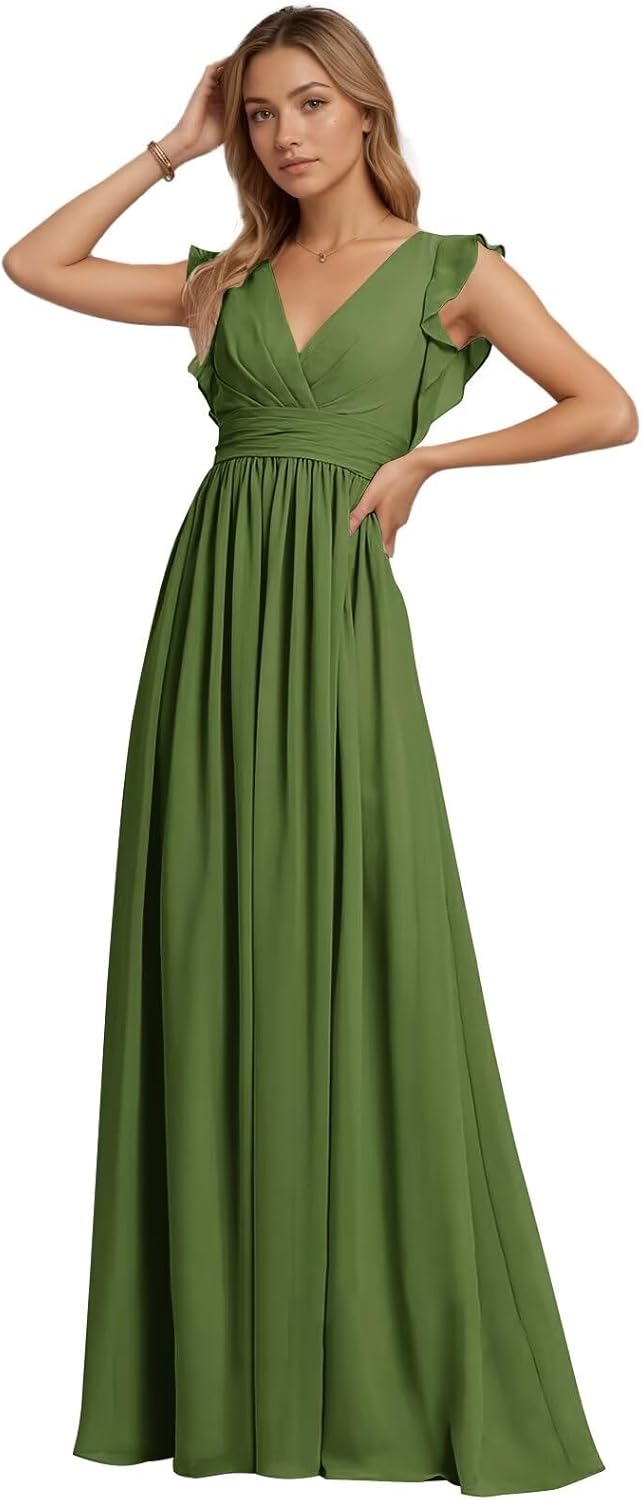 Chiffon Ruffle Bridesmaid Dresses for Women Elegant V-Neck A-line Dresses with Flutter Sleeves