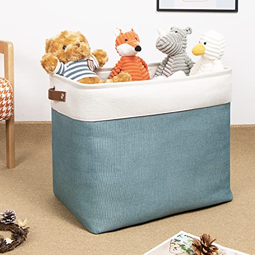 Image of DULLEMELO Large Collapsible Storage Basket /Bin with Sturdy Leather Handles, Fabric Organizer Bin for Storage Clothes, Toys, Books, Office, Bedroom, Closet, Nursery & Laundry (White&Teal)