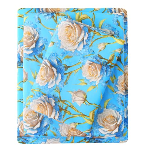 Image of Mooreeke Cozy Floral Microfiber Printed Twin Sheet Set - Soft & Breathable 3D Rose Bed Sheets with Deep Pocket - Non-Slip Fitted Design - Blue White Rose Pattern - Queen