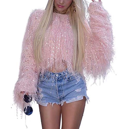 RAMOUG Ladies Knitted Fringe Crochet Baggy Long Sleeve Slouchy Crop Sweater for Women L Baby Pink