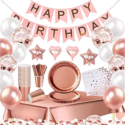 Party Supplies Set & Tableware Kit, Rose Gold Birthday Party Decoration for Adults kids, Plates Napkins Set Icluded Table Cloth, Ballons, Banner, Knifes, Plates, Forks and cup, Napkins
