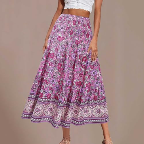 Boho Floral Pleated Long Skirts for Women Summer Casual Elastic High Waisted Skirts A-Line Flowy Swing Maxi Skirt2