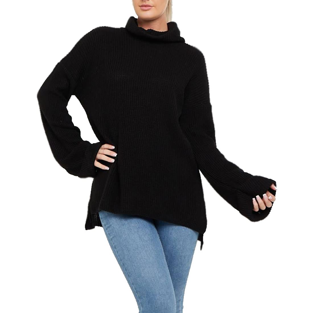 Fairy Trendz Women's Black Long Sleeve Side Slit Turtle Neck Tunic Jumper Polo Roll Neck Pullover Knitted Sweater Top
