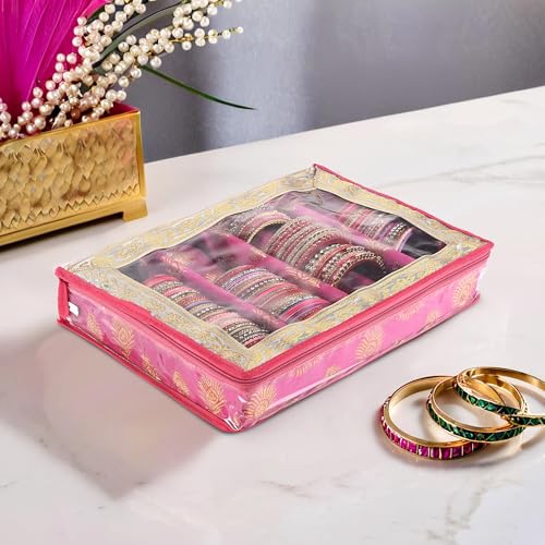 Image of Kuber Industries Transparent 4 - Rod Removable Bangle Organisers Storage Box with Zip | Wedding Jewellery Organizer Case & Bangle Box for Women with Small Mirror | Mor Pankh Print -Pink