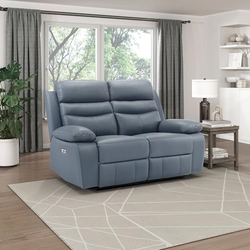 Image of Lexicon Leather Match Power Recliner Loveseat, Wall Hugger Recliner, Blue | 64 inchW Power Double Reclining Loveseat, USB Charging Port, Pillow Top Arms, Home Theater Seating, for Living Room /Apartment