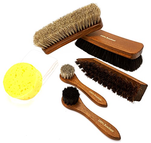 DELARA Zeer hoogwaardige 7-delige schoenpoetsset met extra grote borsteltjes van paardenhaar – made in Germany.