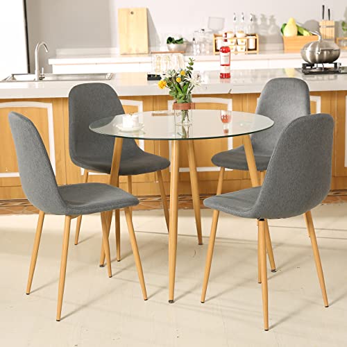 Bacyion 5 Pieces Modern Dining Table Set for 4 Person,Round Glass Table and 4 Fabric Kitchen Room Chairs,Dining Room Table and Chairs Set for Home,Small Space (Round Table + 4 Deep Grey Chairs)