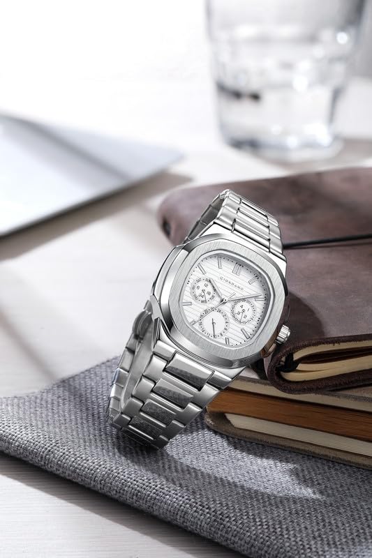 Image of GIORDANO Analog Multifunction Watch for Men - Textured Dial with Cushion Case, Luminous Index Markers, Stainless Steel Strap, Day & Date Display
