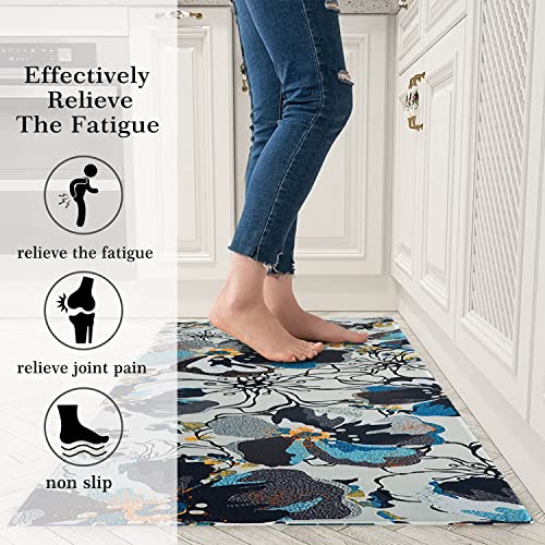 Cocobelin Modern Blue Large Flower Kitchen Rugs And Mats 2 Pieces,Blue Boho Bathroom Rug,Non Slip Cushioned Mat Runner Rug Doormat For Boho Kitchen,Sink,Laundry,Bathroom,Home Decor,17X30+17X47Inch #TOP2