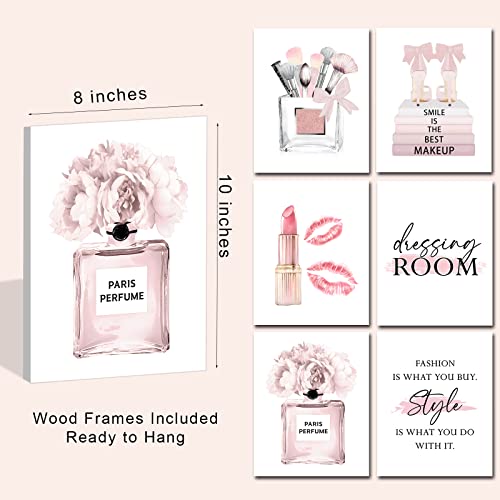 Waltsom Framed Pink Makeup Room Canvas Wall Art, Fashion Woman Picture Wall Decor Paintings, Watercolor Perfume High Heels Lipstick Beauty Room Decor Pictures Arts For Girls Women Room Decor(Ready To Hang, Set Of 6, 8X10 In, Framed) #TOP4