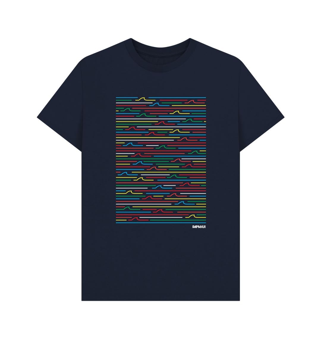 Rapanui Men's Navy Blue Retro Wave Lines Multicolour Surf Graphic Cotton T-Shirt